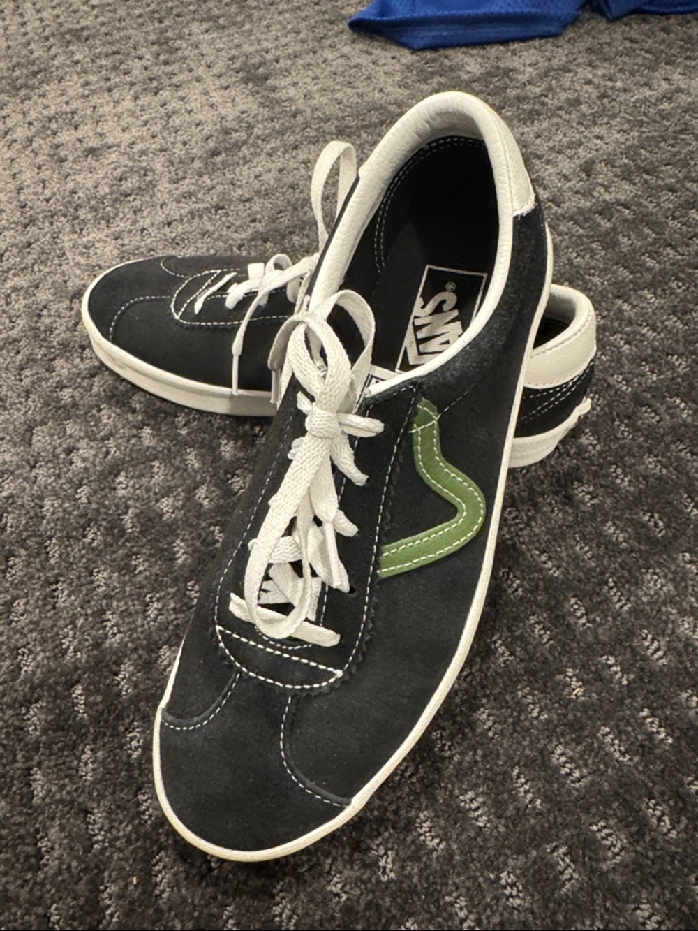 Vans Women’s Black Suede Low-Top Sneakers with White Laces and Green Side Stripe